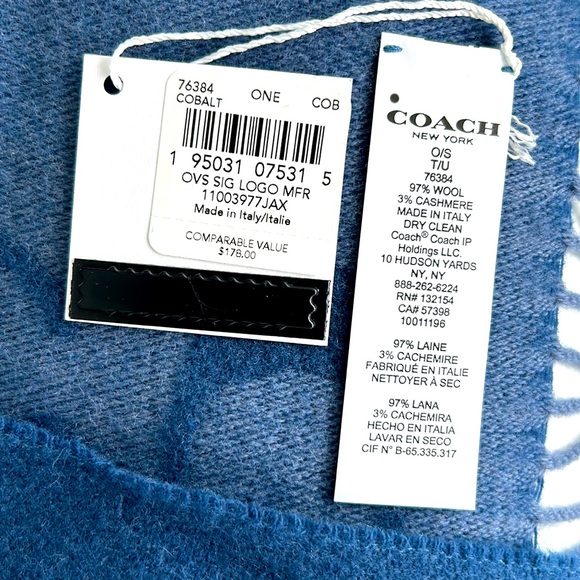 New Coach cobalt blue wool and cashmere blend fringed reversible scarf - Picture 6 of 7